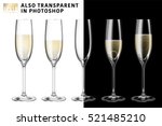 Realistic vector illustration set of transparent champagne glasses with sparkling white wine and empty glass. Transparent on background. Love heart concept. Ring for engagement and Valentine
