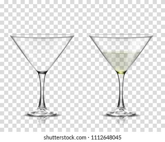 Realistic vector illustration set of transparent vector glass with Martini and empty glass. Transparent on background.