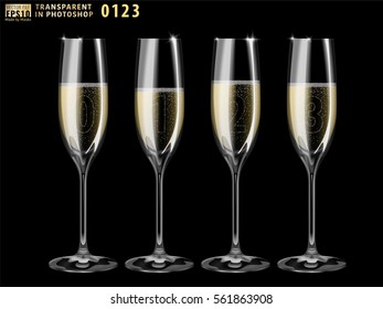 Realistic vector illustration set of transparent champagne glasses with sparkling white wine. Transparent. Number. Digits. Concept. Years anniversary celebration poster card. Zero, one, two, three.
