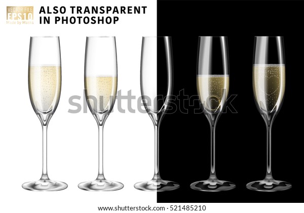 白ワインと空のガラスがきらめく透明なシャンパングラスのリアルなベクターイラストセット 背景に透明 愛の心のコンセプト 婚約指輪とバレンタインデー のベクター画像素材 ロイヤリティフリー