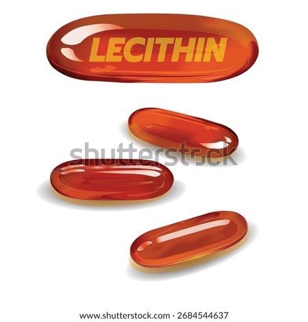 A realistic, vector illustration of several glossy brown-amber lecithin gel capsules or softgels, with one enlarged and labeled. Ideal for supplement and health product design