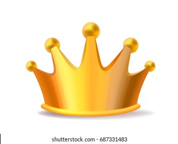 Realistic vector illustration of shiny golden metal king crown isolated on white background. Royal crown award for winner, leadership, champion. 3d design of gold crown