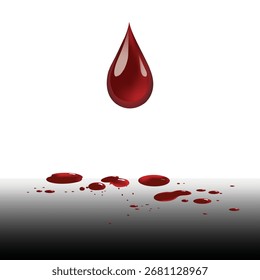 Uma ilustração vetorial realista mostrando uma única gota de sangue suspensa no ar, com várias gotas de sangue espalhadas em uma superfície refletora abaixo