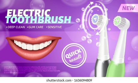 Realistic vector illustration showing two electric toothbrushes with foaming toothpaste and human smile. Image depicting teeth cleaning tools.