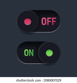 Realistic vector illustration of slider button. Switch on and switch off button for smartphone and app user interface. Slider button in dark theme.