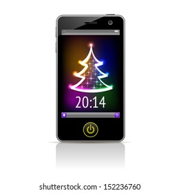 Realistic vector illustration of smartphone with New Year 2014 isolated on white.