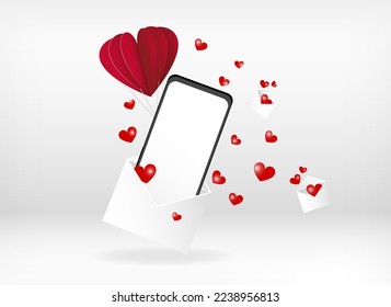 Realistic Vector illustration smartphone on air balloon comming out postal envelope with flying hearts. Empty white screen. Social network, mobile device concept. Graphic for websites web banner