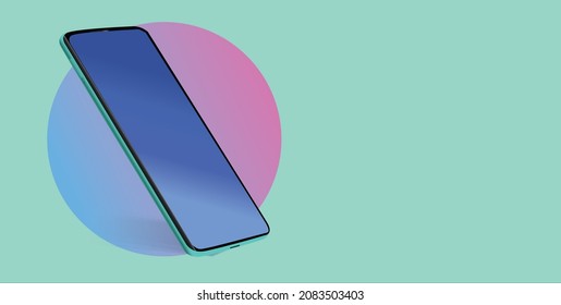 Realistic vector illustration of a smartphone in the purple and blue circle on a cyan backround. Mobile phone mock-up, ui ux presentation template