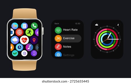 Ilustração vetorial realista de smartwatch com pulseira bege ícones coloridos app fitness atividade anéis interface wearable conceito para controle de saúde design de interface do usuário