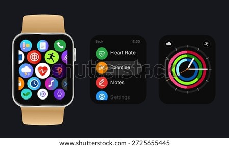 Realistic vector illustration of smartwatch with beige strap colorful app icons fitness activity rings interface wearable concept for health tracking user interface design