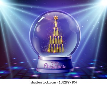 Realistic vector illustration of snow globe with golden champagne bottle pyramid inside. Holiday sparkle background