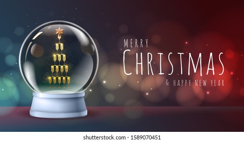 Realistic vector illustration of snow globe with pyramid of champagne golden glasses inside. Blurred holiday  background