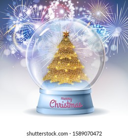 Realistic vector illustration of snow globe with golden christmas tree inside. Holiday firework  background