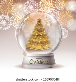 Realistic vector illustration of snow globe with golden christmas tree inside. Holiday firework  background