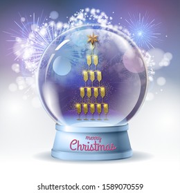Realistic vector illustration of snow globe with pyramid of champagne golden glasses inside. Firework holiday  background
