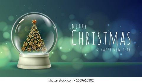 Realistic vector illustration of snow globe with golden christmas tree inside. Blurred holiday christmas sparkle background