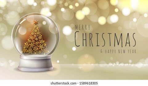 Realistic vector illustration of snow globe with golden christmas tree inside. Blurred holiday christmas sparkle background