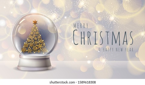 Realistic vector illustration of snow globe with golden christmas tree inside. Blurred holiday christmas sparkle background