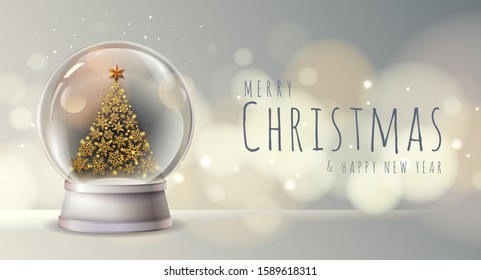 Realistic vector illustration of snow globe with golden christmas tree inside. Blurred holiday christmas sparkle background