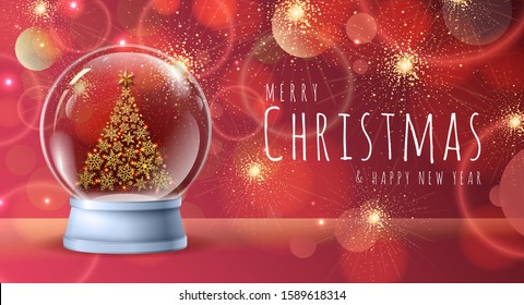 Realistic vector illustration of snow globe with golden christmas tree inside. Blurred holiday christmas sparkle background