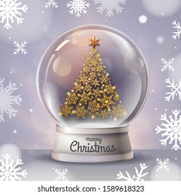 Realistic vector illustration of snow globe with golden christmas tree inside. Blurred holiday christmas sparkle background