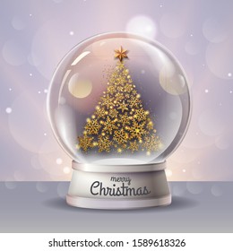 Realistic vector illustration of snow globe with golden christmas tree inside. Blurred holiday christmas sparkle background