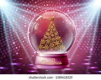 Realistic vector illustration of snow globe with golden christmas tree inside. Blurred disco sparkle background