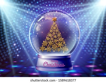 Realistic vector illustration of snow globe with golden christmas tree inside. Blurred disco sparkle background