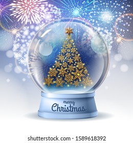 Realistic vector illustration of snow globe with golden christmas tree inside. Holiday firework  background