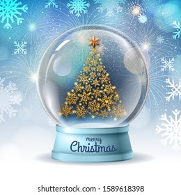 Realistic vector illustration of snow globe with golden christmas tree inside. Holiday firework  background