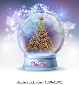 Realistic vector illustration of snow globe with golden christmas tree inside. Holiday firework  background