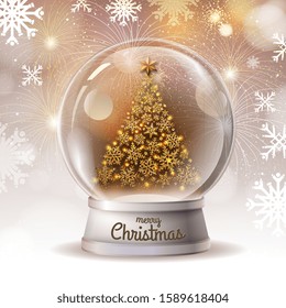 Realistic vector illustration of snow globe with golden christmas tree inside. Holiday firework  background