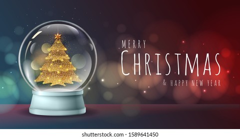 Realistic vector illustration of snow globe with golden christmas tree inside. Blurred holiday christmas sparkle background