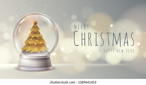 Realistic vector illustration of snow globe with golden christmas tree inside. Blurred holiday christmas sparkle background