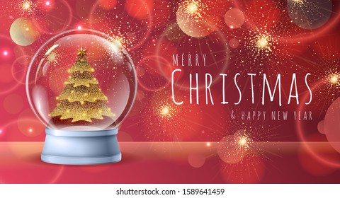 Realistic vector illustration of snow globe with golden christmas tree inside. Blurred holiday christmas sparkle background
