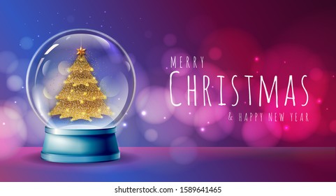 Realistic vector illustration of snow globe with golden christmas tree inside. Blurred holiday christmas sparkle background