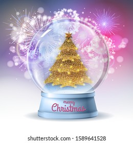 Realistic vector illustration of snow globe with golden christmas tree inside. Holiday firework  background