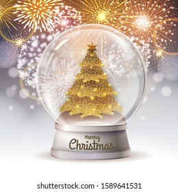 Realistic vector illustration of snow globe with golden christmas tree inside. Holiday firework  background