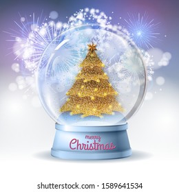 Realistic vector illustration of snow globe with golden christmas tree inside. Holiday firework  background