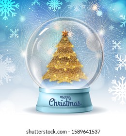 Realistic vector illustration of snow globe with golden christmas tree inside. Holiday firework  background