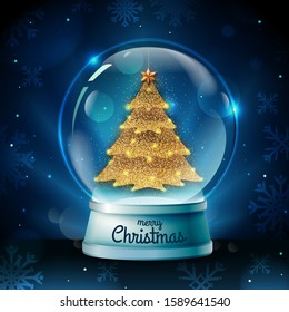 Realistic vector illustration of snow globe with golden christmas tree inside. Blurred holiday christmas sparkle background