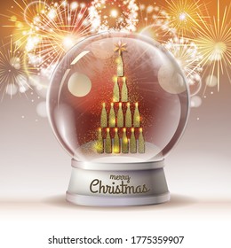 Realistic vector illustration of snow globe with golden champagne bottle pyramid inside. Holiday firework  background