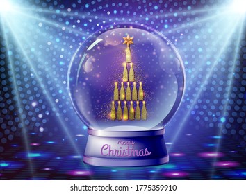 Realistic vector illustration of snow globe with golden champagne bottle pyramid inside. Holiday sparkle background