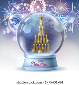 Realistic vector illustration of snow globe with golden champagne bottle pyramid inside. Holiday firework  background
