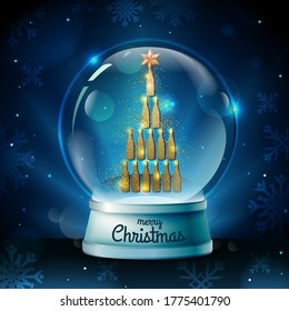Realistic vector illustration of snow globe with golden champagne bottle pyramid inside. Blurred holiday  background