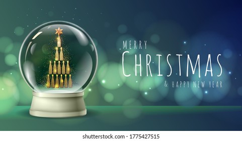 Realistic vector illustration of snow globe with golden champagne bottle pyramid inside. Blurred holiday  background