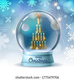 Realistische Vektorgrafik der Schneekugel mit der goldenen Champagner-Flaschenpyramide im Inneren. Feiertagsfeuerwerk, Hintergrund