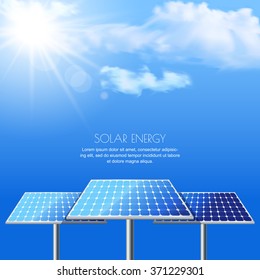Realistic vector illustration of solar batteries on cloudscape blue background. Power generation new technology. Alternative energy and environmental business concept. 