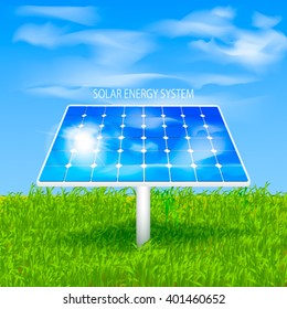 Realistic vector illustration of solar battery  on the grass,  Alternative energy. Blue sky with sun light