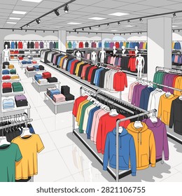Realistic vector illustration of a spacious modern fashion retail store interior featuring clothing racks, folded apparel, mannequins, display tables, and organized merchandise. Bright commercial shopping environment suitable for concepts related to fashion retail, apparel business, shopping, merchandising, and commercial interiors.